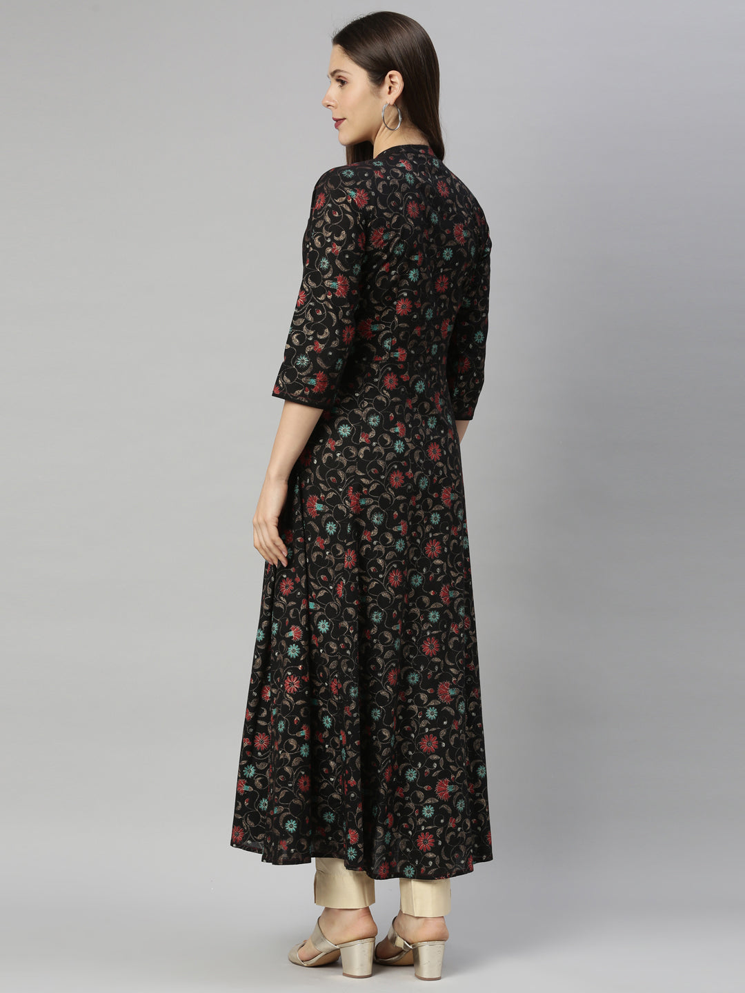 Neerus Brown Chanderi block printed kurta tie-up neck - side view