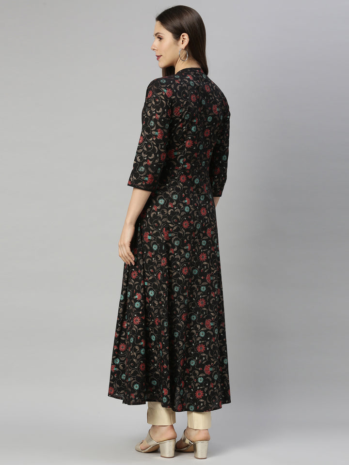 Neerus Brown Chanderi block printed kurta tie-up neck - side view