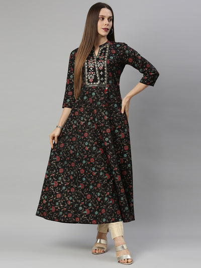 Neerus Women Coffee Brown Block Print Tie-up Neck Chanderi Silk Kurta
