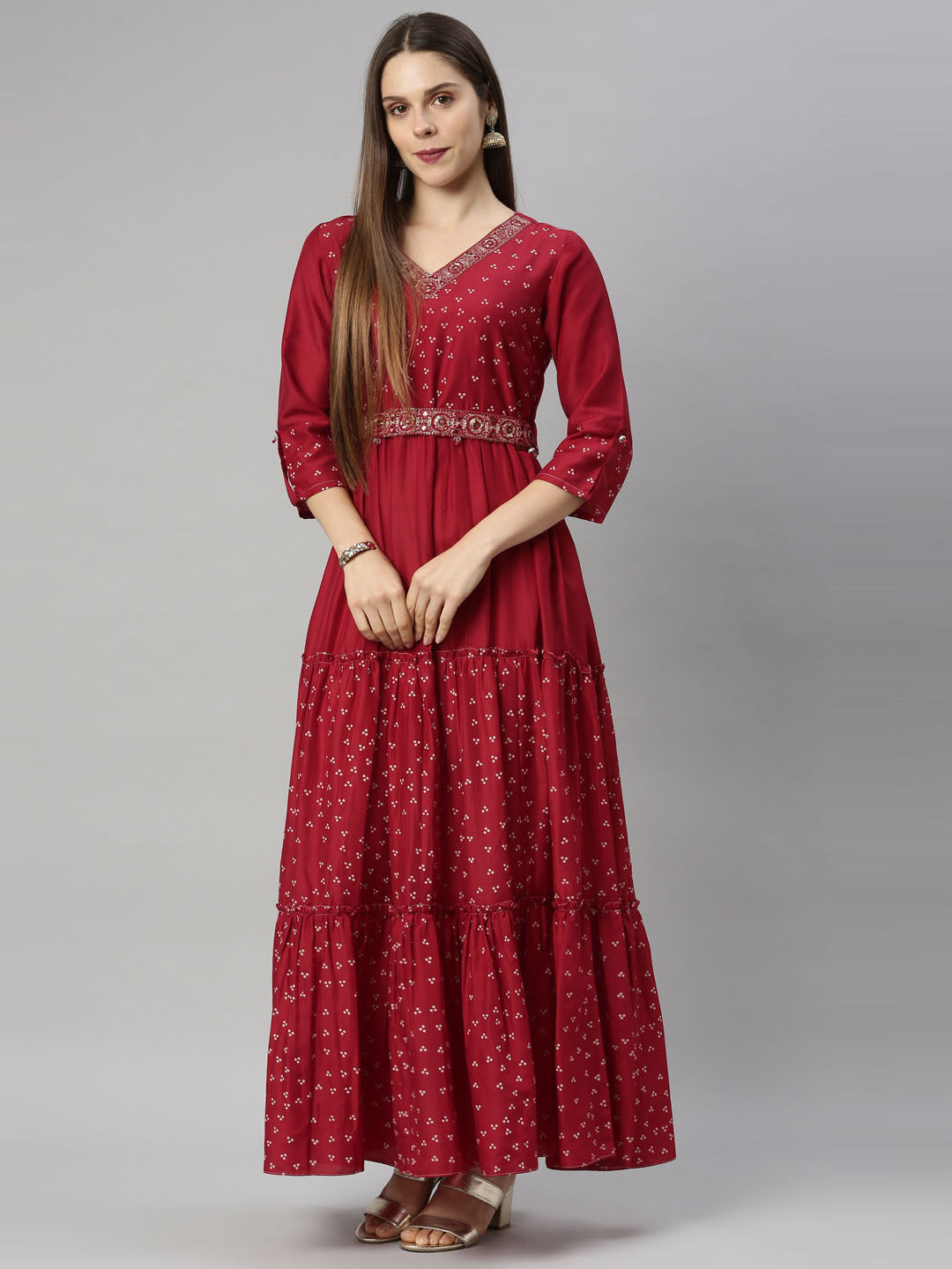 Neerus Women Maroon Dyed Chikankari Anarkali Kurta