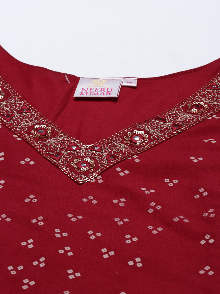 Neerus Women Maroon Dyed Chikankari Anarkali Kurta