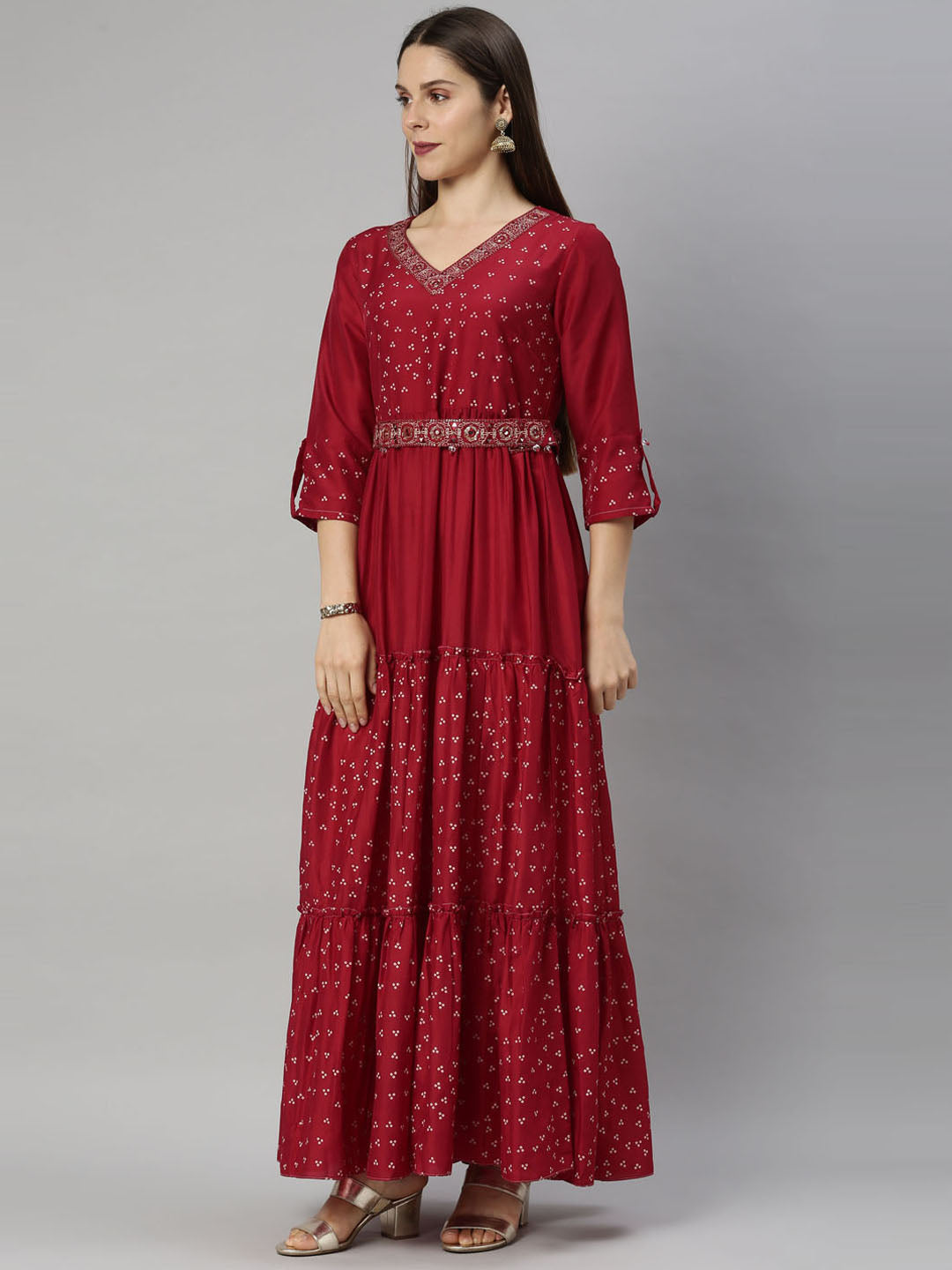 Neerus Women Maroon Dyed Chikankari Anarkali Kurta