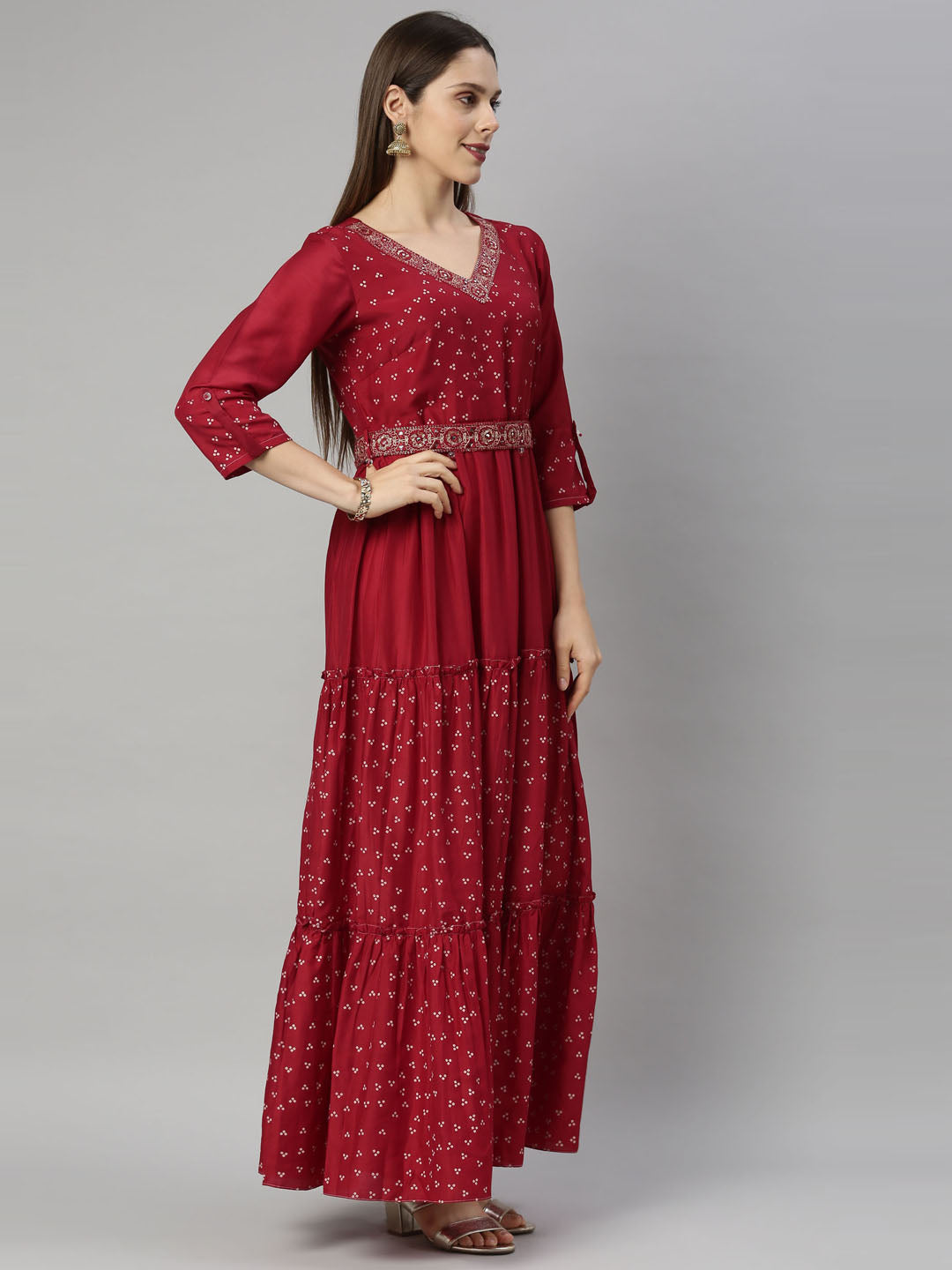 Neerus Women Maroon Dyed Chikankari Anarkali Kurta