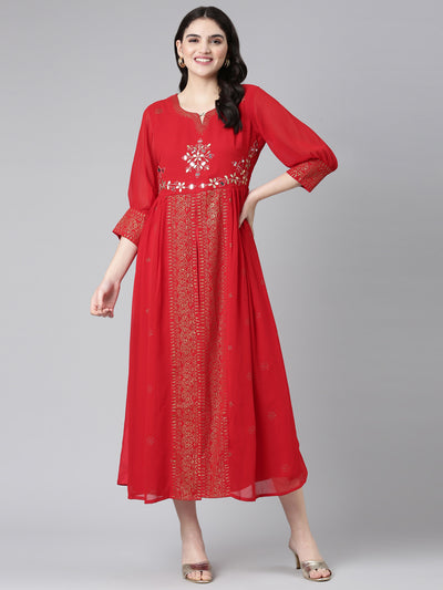 Neerus Red Straight Casual Embellished Gown