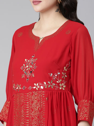 Neerus Red Straight Casual Embellished Gown