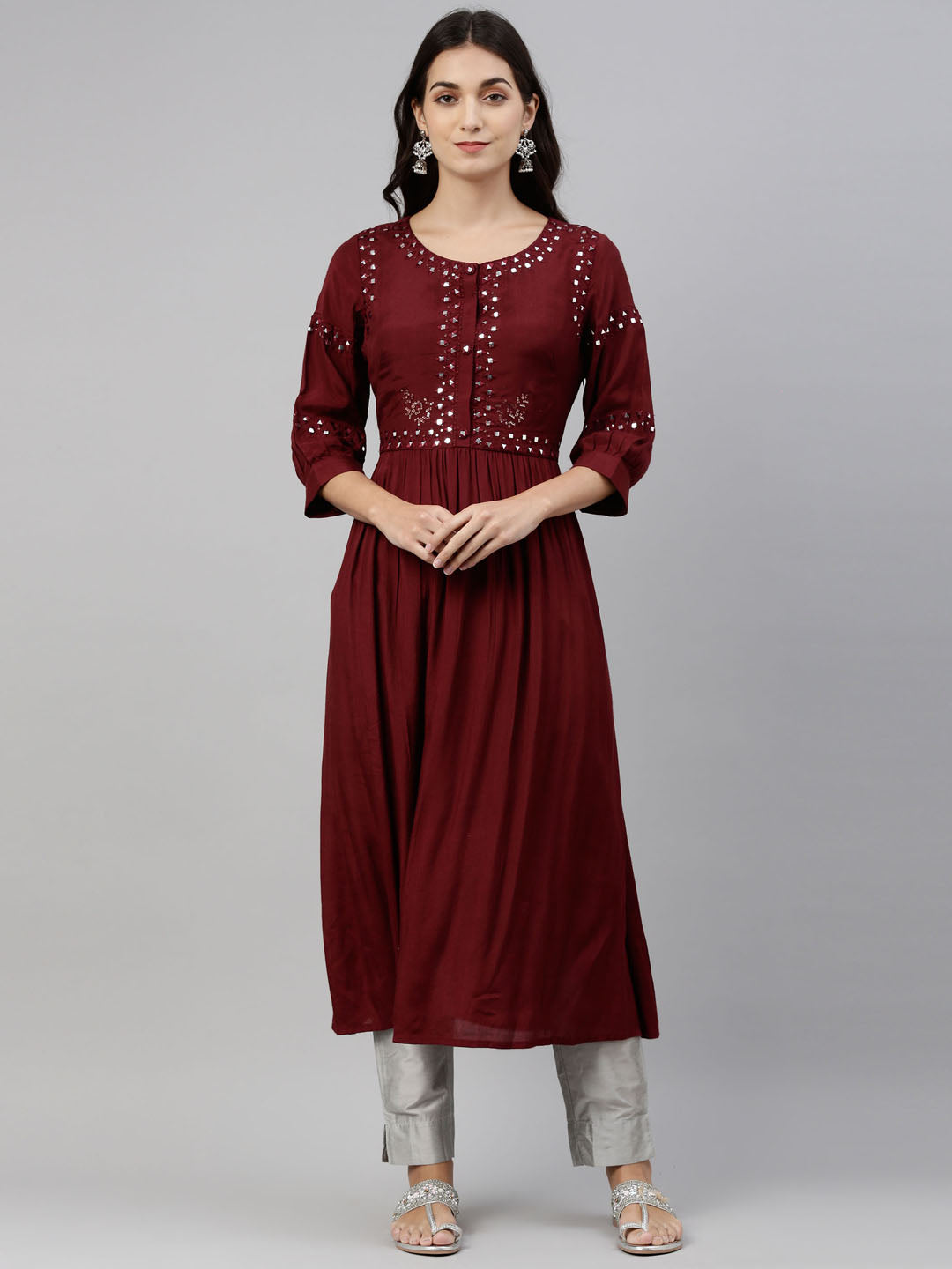 Neerus Women Maroon Floral Embroidered Mirror Work A-Line Kurta