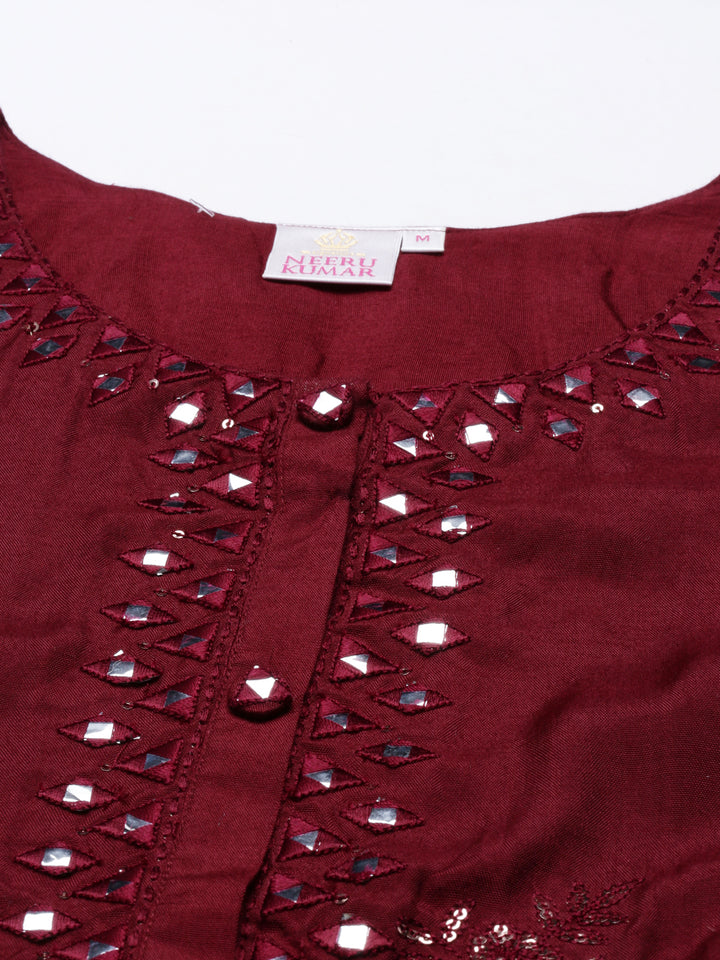Neerus Maroon mirror work embroidered A-line kurta - detail view 1