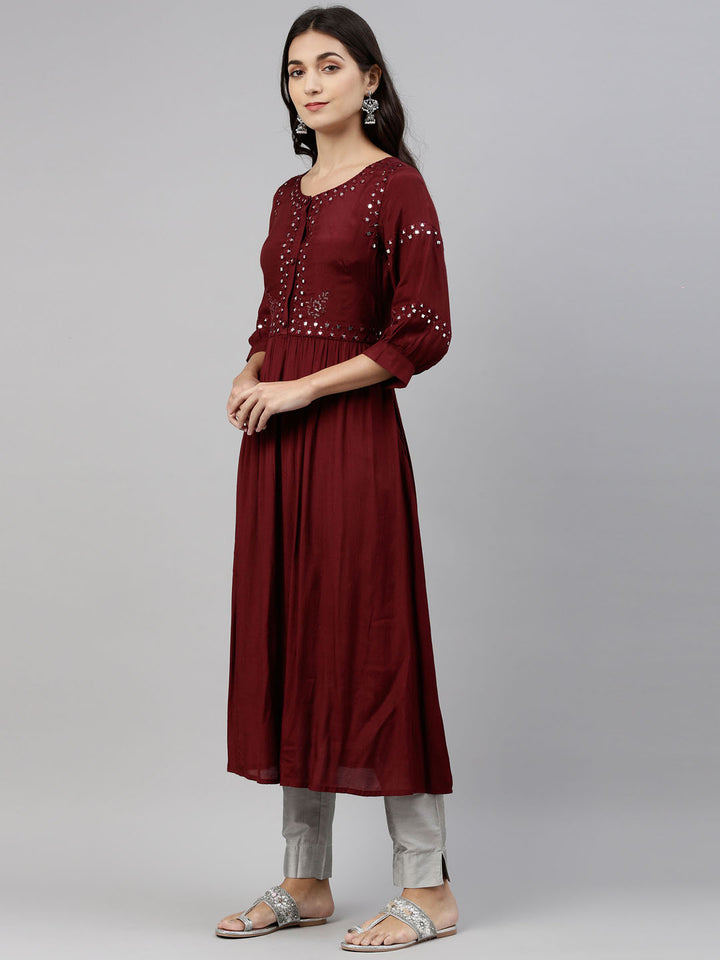 Neerus Maroon mirror work embroidered A-line kurta - back view
