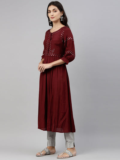 Neerus Women Maroon Floral Embroidered Mirror Work A-Line Kurta