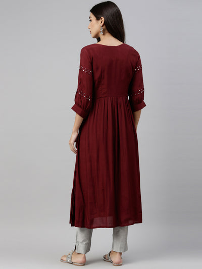 Neerus Women Maroon Floral Embroidered Mirror Work A-Line Kurta