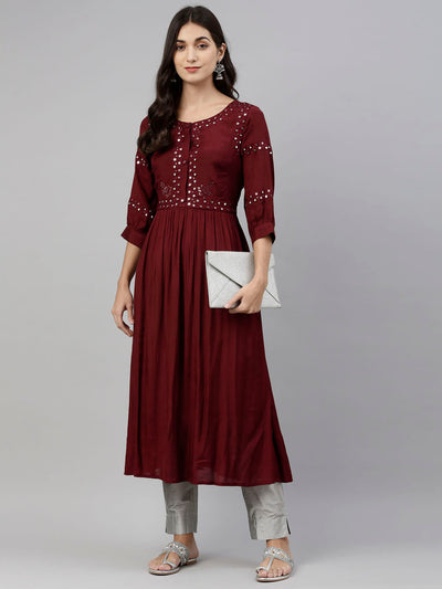 Neerus Women Maroon Floral Embroidered Mirror Work A-Line Kurta