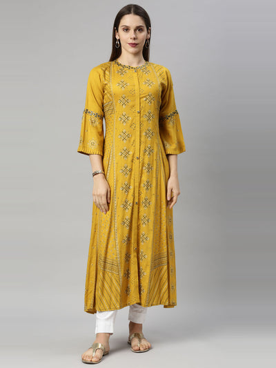 Neerus Women Mustard Yellow Geometric Printed Flared Sleeves Floral Kurta