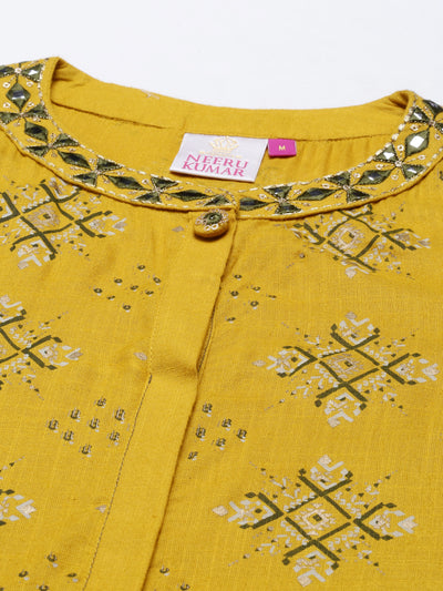 Neerus Women Mustard Yellow Geometric Printed Flared Sleeves Floral Kurta