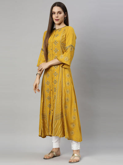 Neerus Women Mustard Yellow Geometric Printed Flared Sleeves Floral Kurta