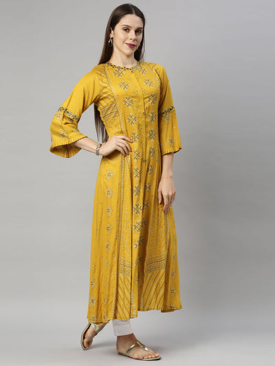 Neerus Women Mustard Yellow Geometric Printed Flared Sleeves Floral Kurta
