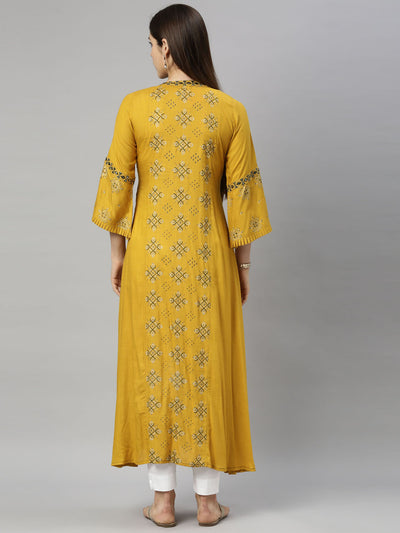 Neerus Women Mustard Yellow Geometric Printed Flared Sleeves Floral Kurta