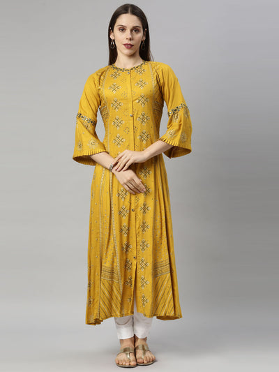 Neerus Women Mustard Yellow Geometric Printed Flared Sleeves Floral Kurta