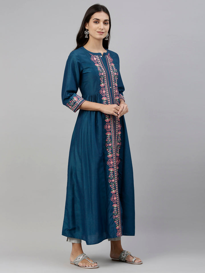 Neerus Women Blue Pink Floral Embroidered A-Line Kurta