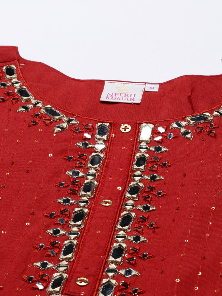 Neerus Orange Chanderi Embellished Kurta - detail view 2