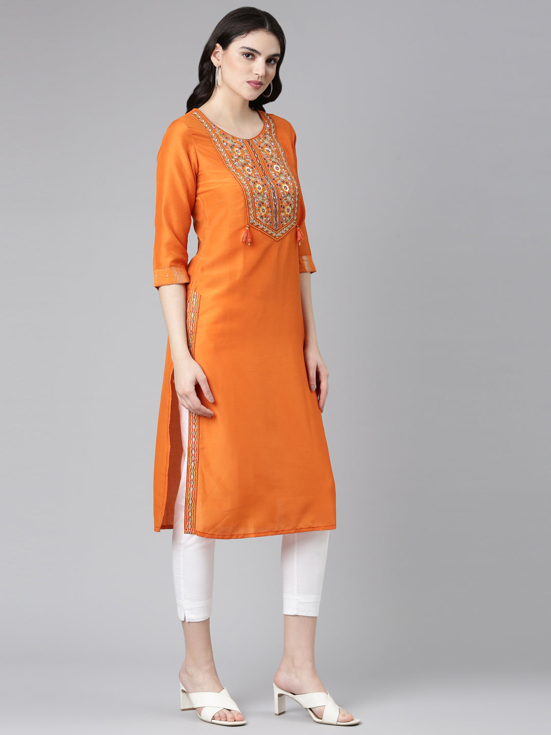Neerus Rust Regular Straight Yoke Design Kurta