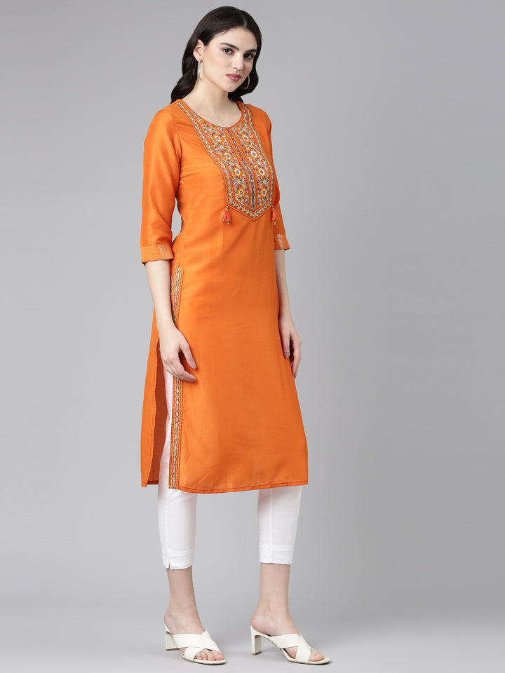 Neerus Rust Regular Straight Yoke Design Kurta