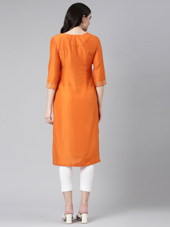Neerus Rust Regular Straight Yoke Design Kurta