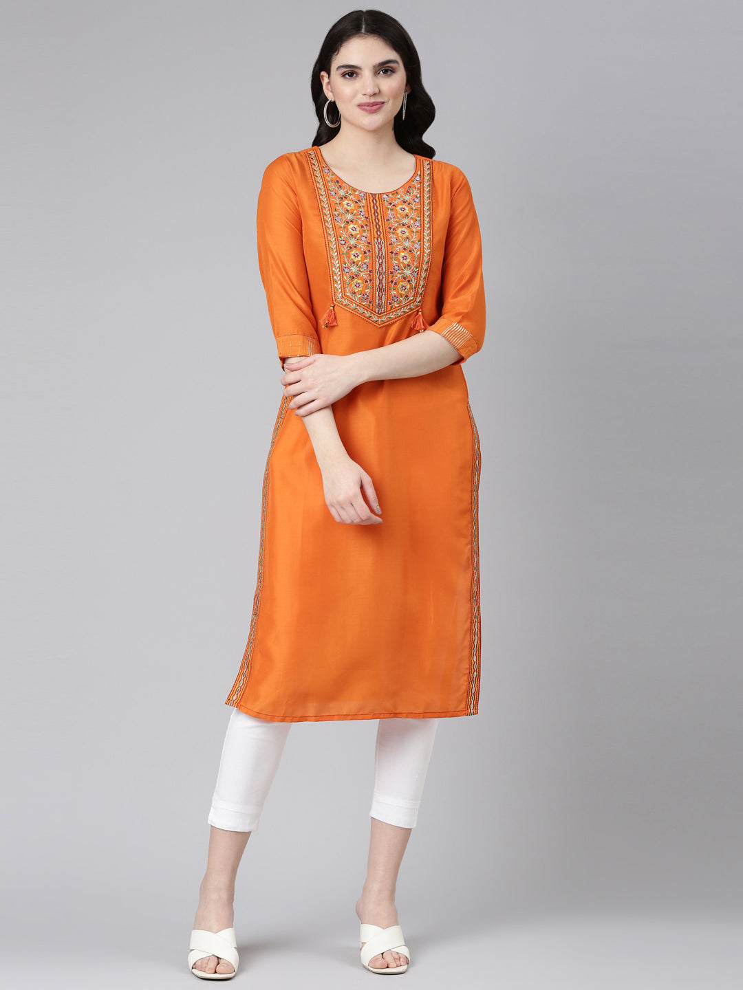 Neerus Rust Regular Straight Yoke Design Kurta