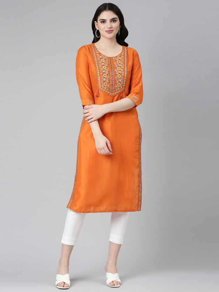 Neerus Rust Regular Straight Yoke Design Kurta
