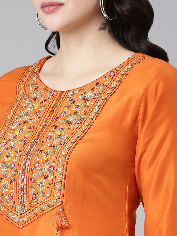 Neerus Rust Regular Straight Yoke Design Kurta