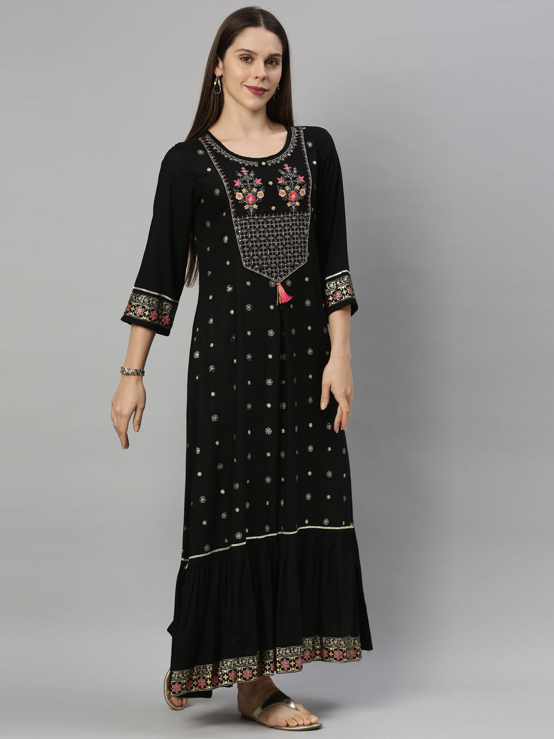 Neerus Women Black Floral Kurta