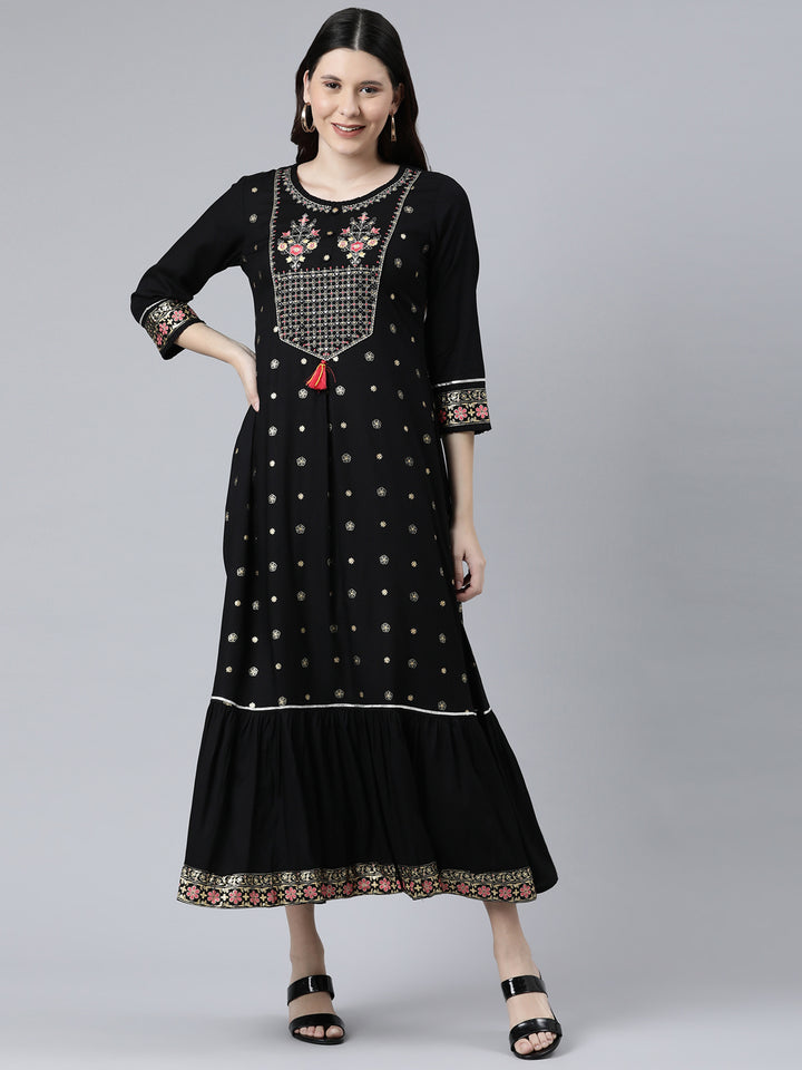 Neerus Black Color Rayon Fabeic Dress