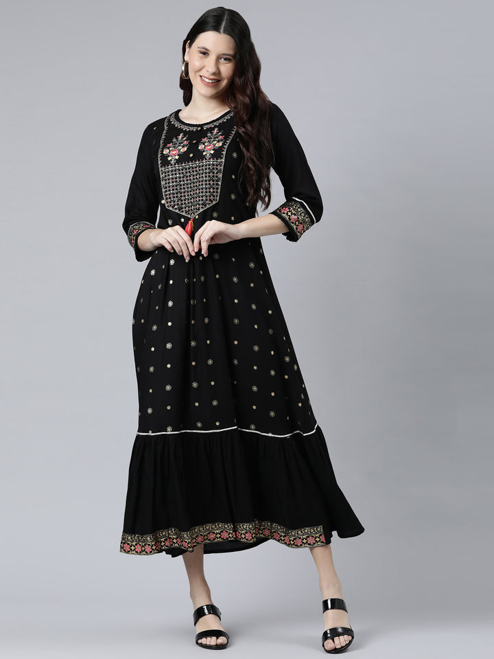 Neerus Black Color Rayon Fabeic Dress
