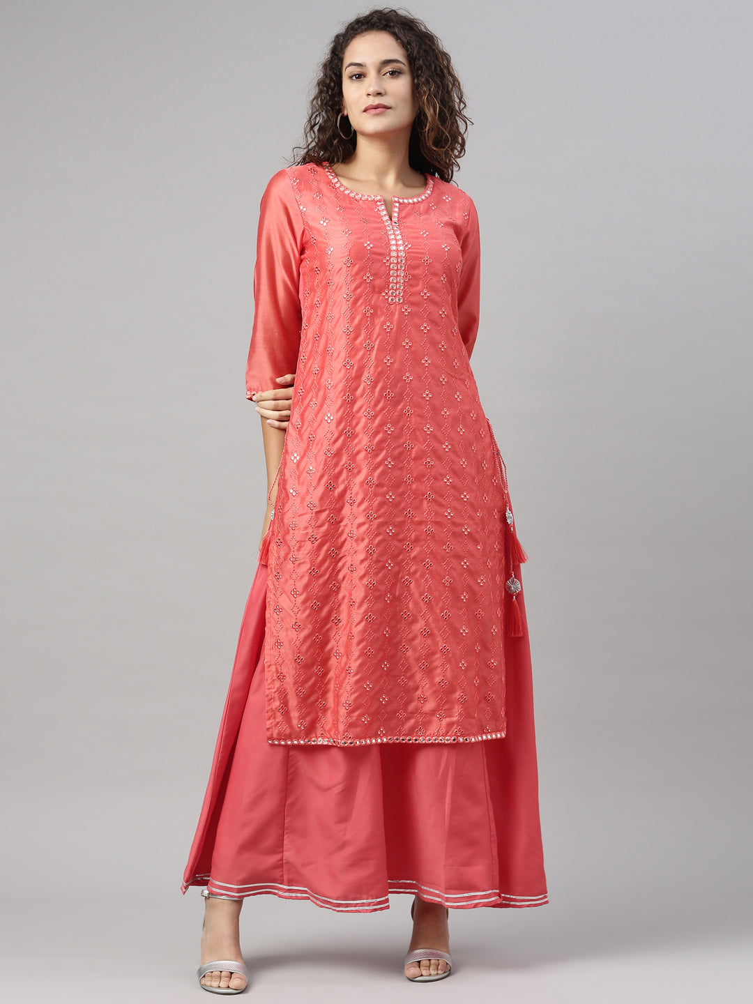 Neerus Women Orange Flared Sleeves Chikankari Chanderi Silk Chanderi Silk Kurta