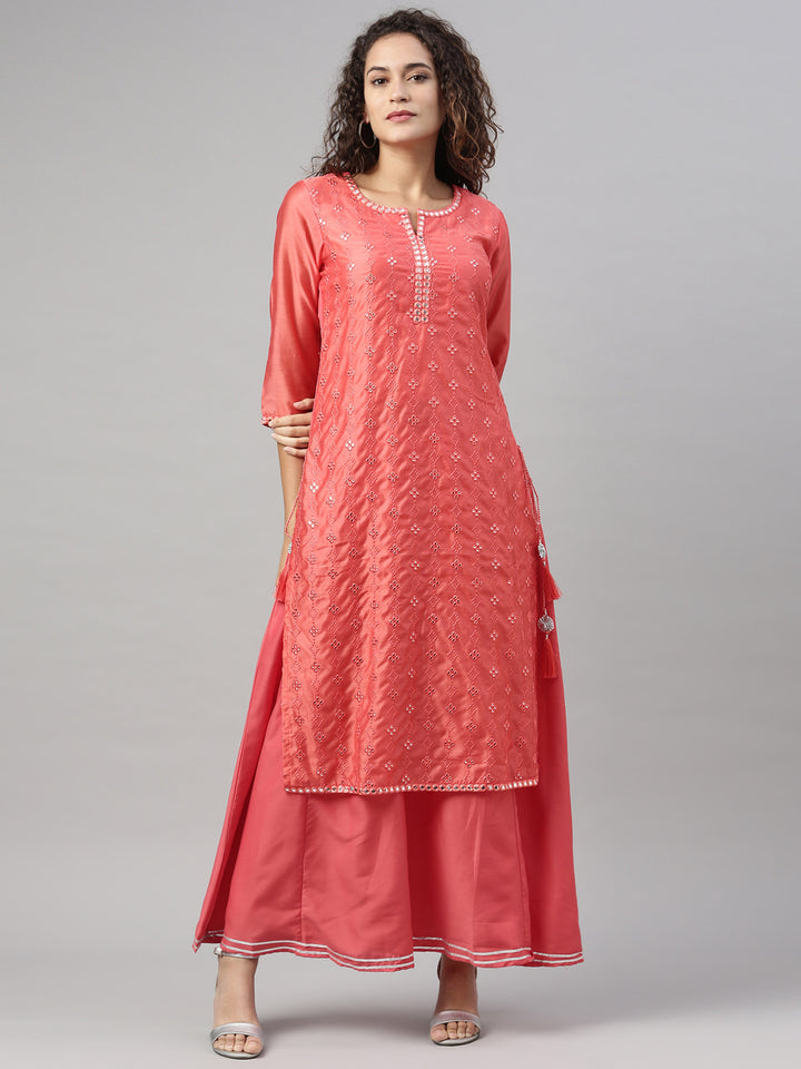 Neerus Women Orange Flared Sleeves Chikankari Chanderi Silk Chanderi Silk Kurta