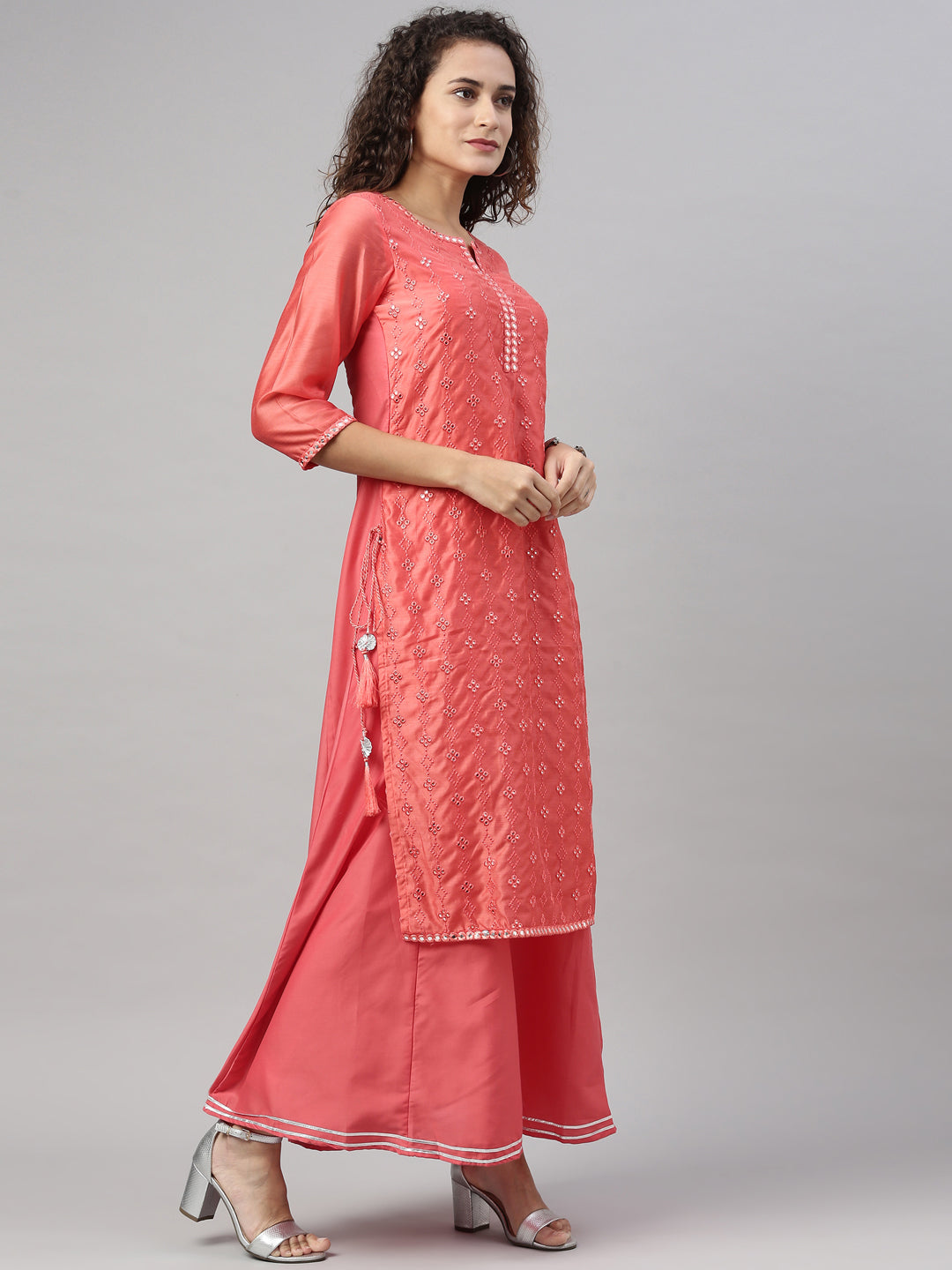 Neerus Women Orange Flared Sleeves Chikankari Chanderi Silk Chanderi Silk Kurta