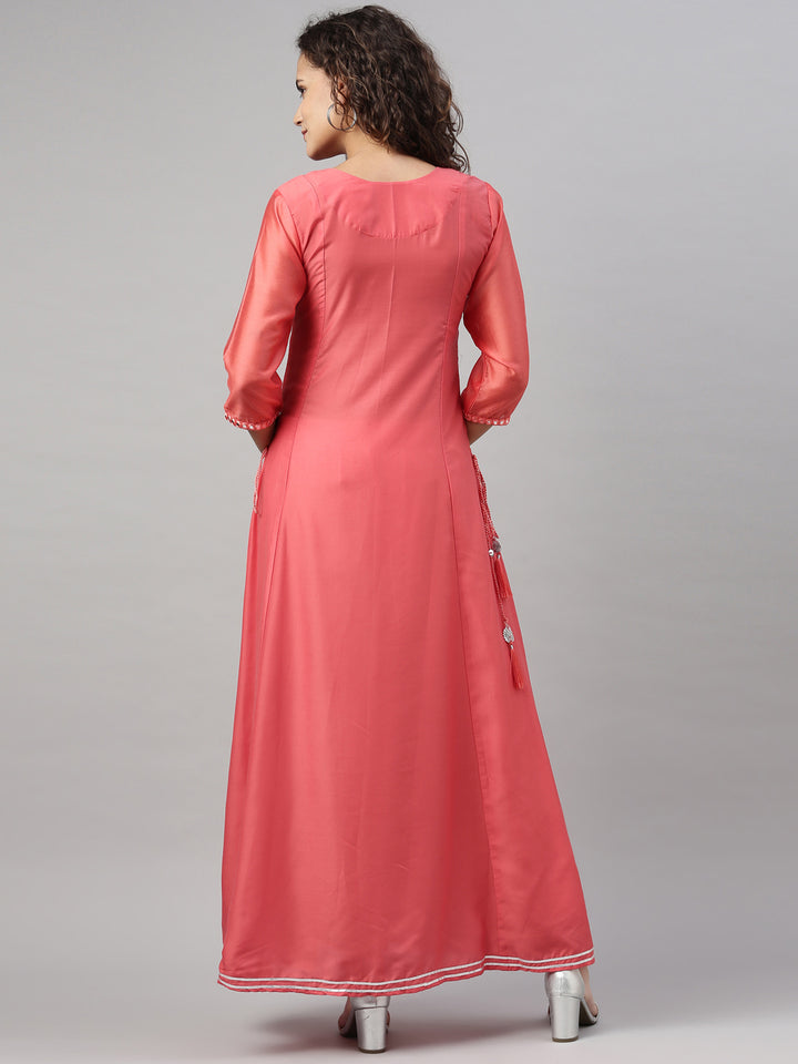 Neerus Women Orange Flared Sleeves Chikankari Chanderi Silk Chanderi Silk Kurta