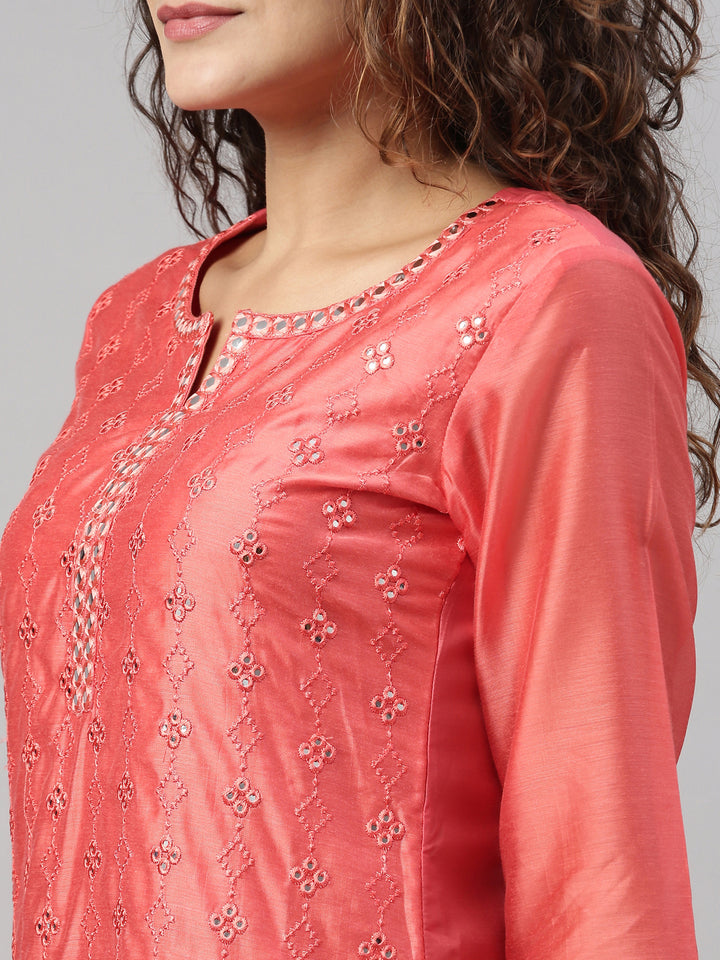 Neerus Women Orange Flared Sleeves Chikankari Chanderi Silk Chanderi Silk Kurta