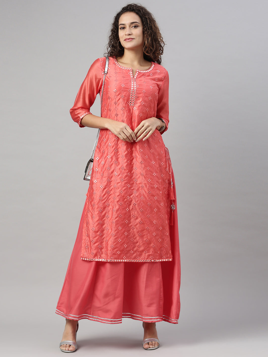 Neerus Women Orange Flared Sleeves Chikankari Chanderi Silk Chanderi Silk Kurta