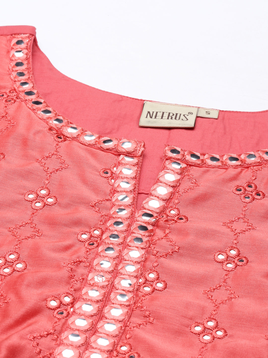 Neerus Women Orange Flared Sleeves Chikankari Chanderi Silk Chanderi Silk Kurta