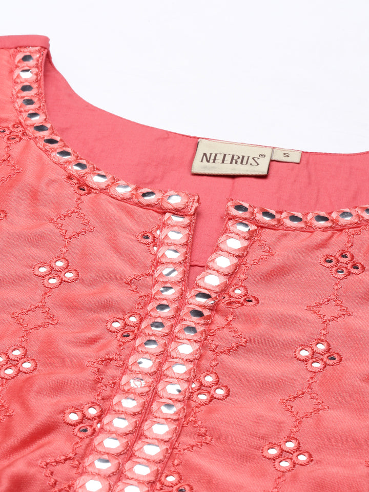 Neerus Women Orange Flared Sleeves Chikankari Chanderi Silk Chanderi Silk Kurta