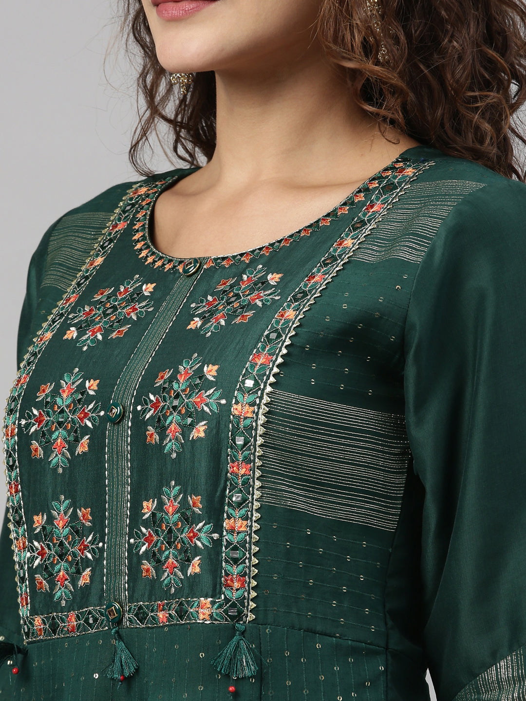 Neerus Green geometric embroidered anarkali kurta - detail view 1
