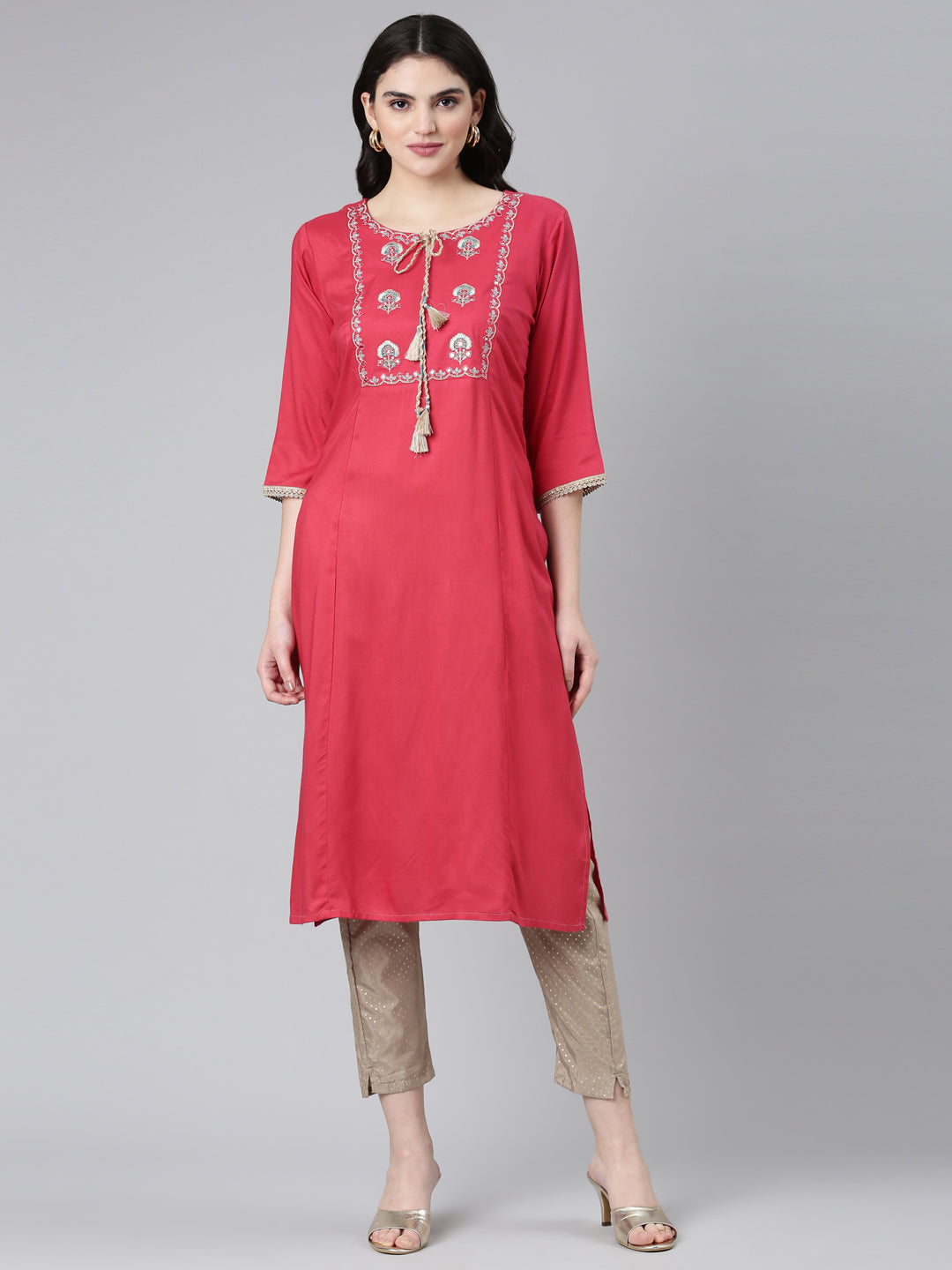 Neerus Pink solid straight kurta set with trousers - front view