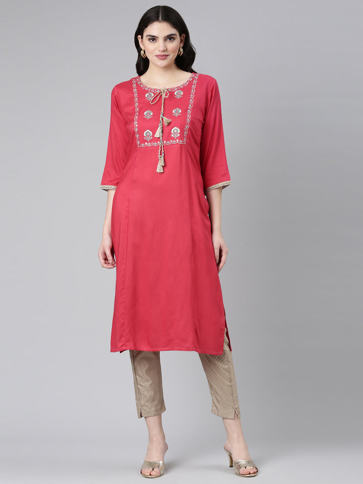 Neerus Pink solid straight kurta set with trousers - front view