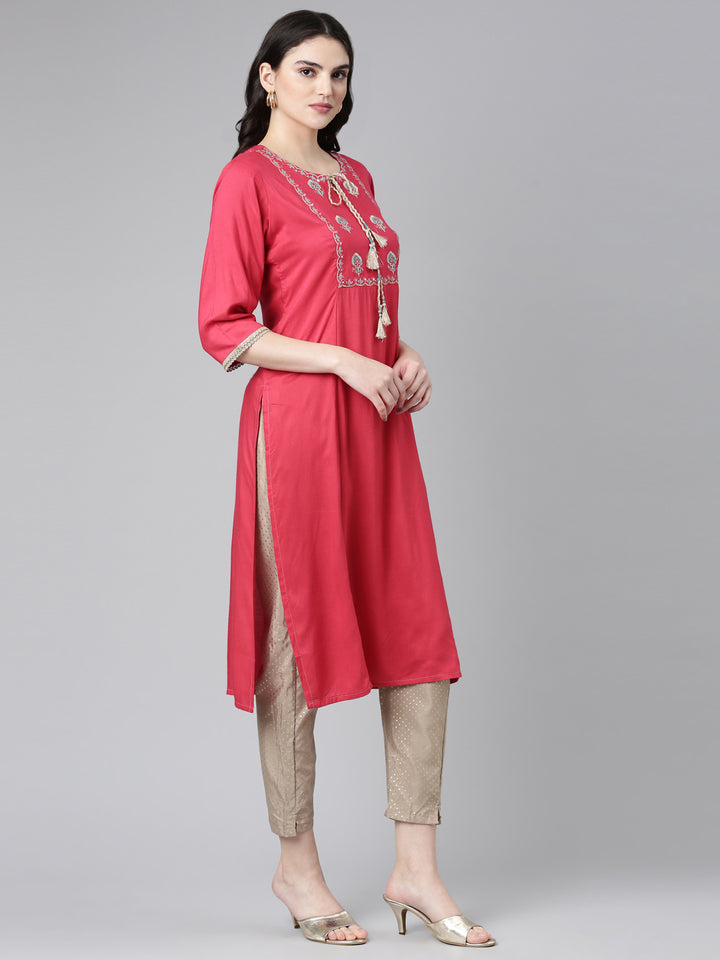 Neerus Pink solid straight kurta set with trousers - back view