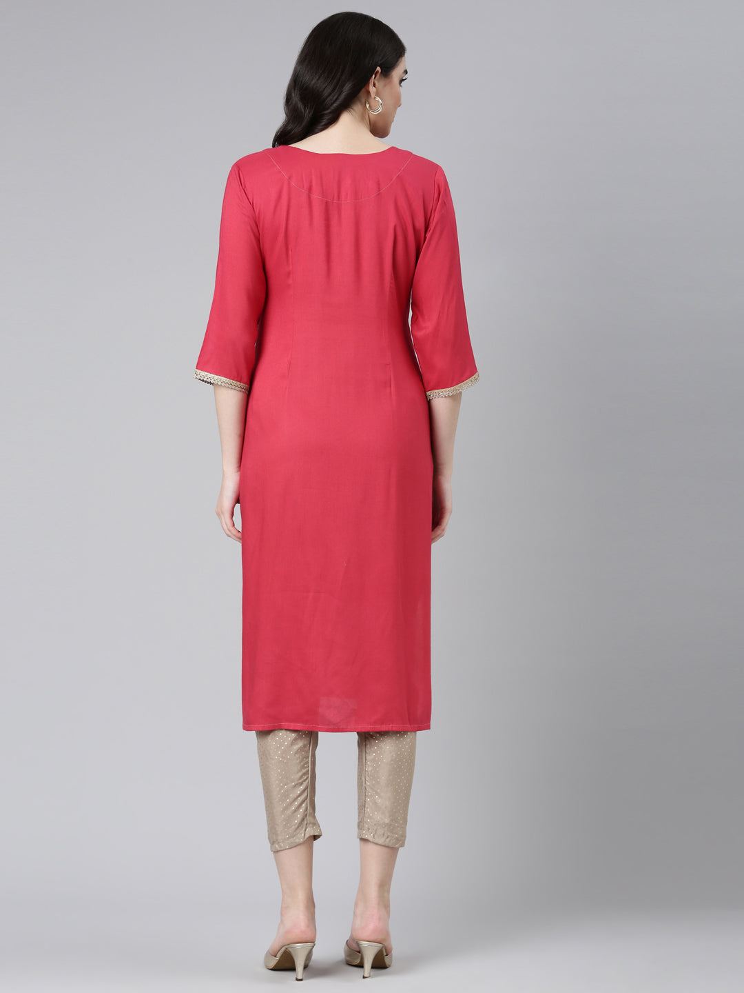 Neerus Pink solid straight kurta set with trousers - side view