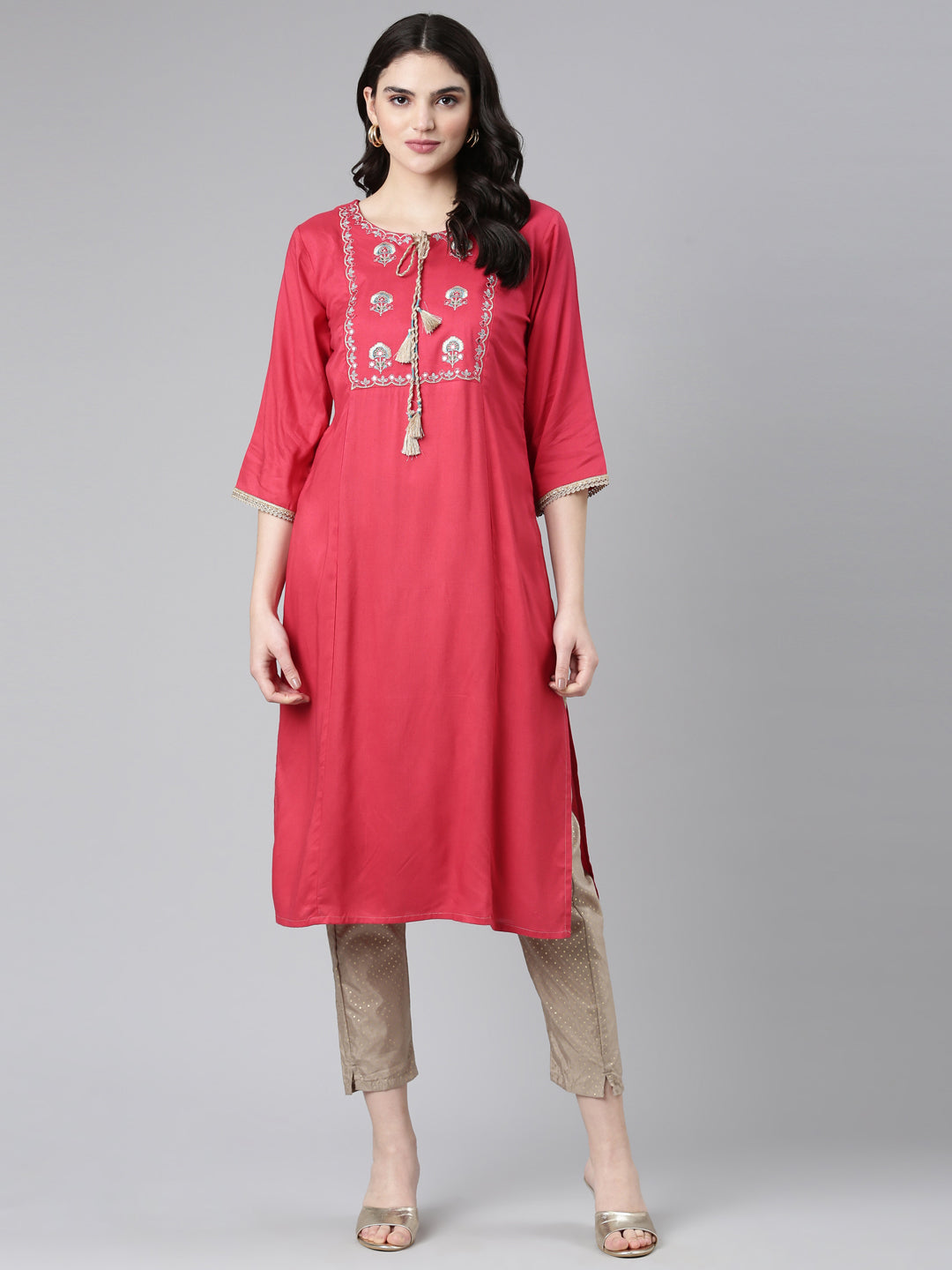 Neerus Pink solid straight kurta set with trousers - detail view 2