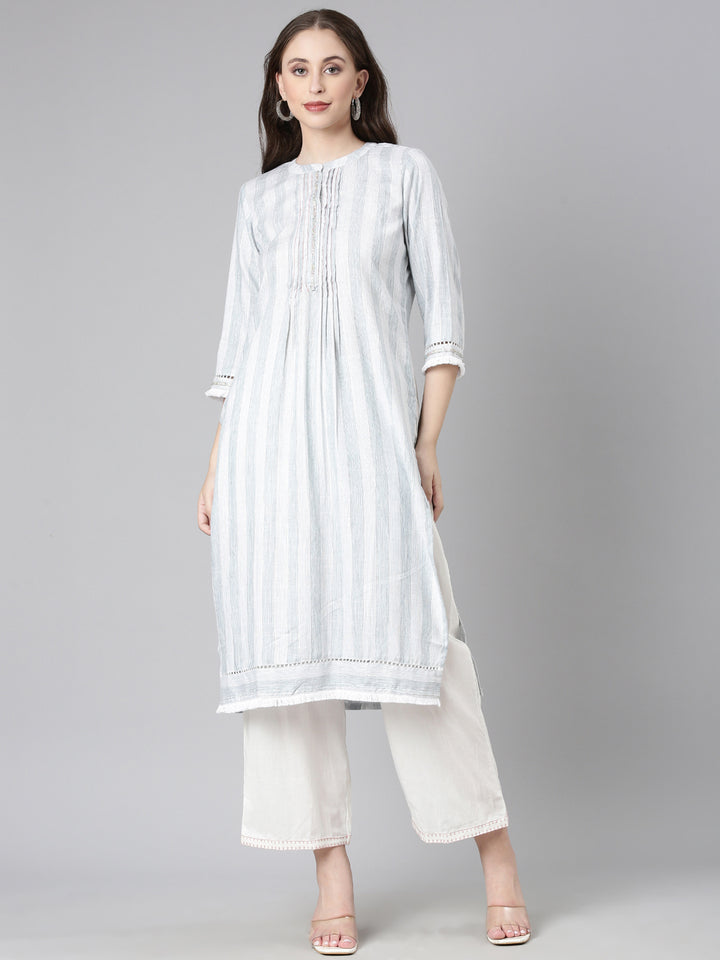 Neerus Grey Casual Striped Straight Kurtas