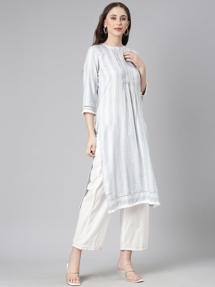 Neerus Grey Casual Striped Straight Kurtas