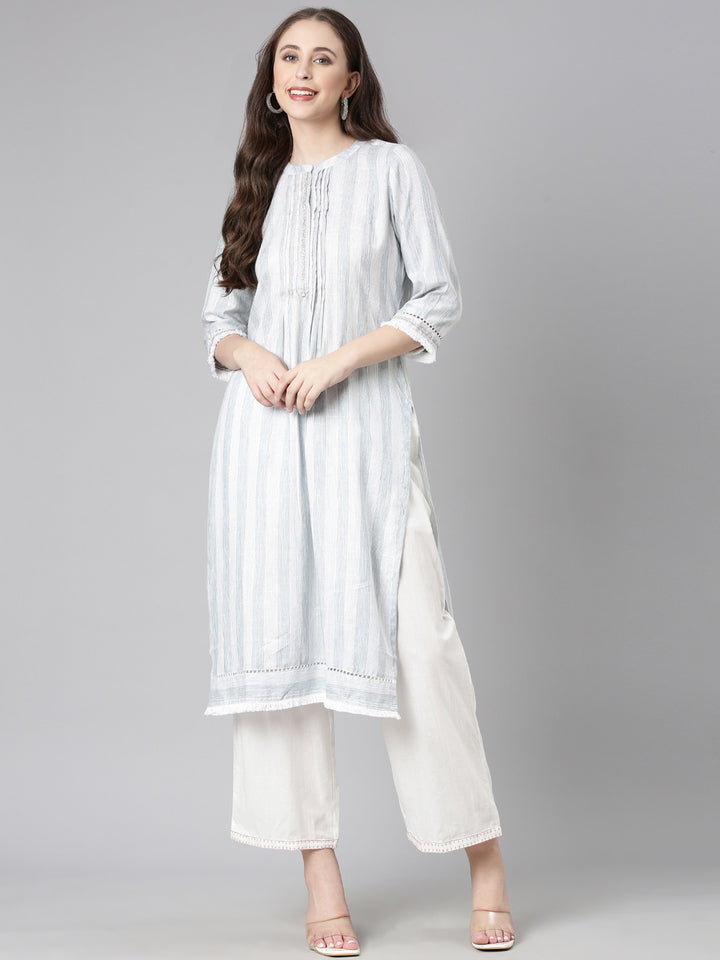Neerus Grey Casual Striped Straight Kurtas