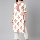 Neerus Cream Casual Floral Straight Kurtas